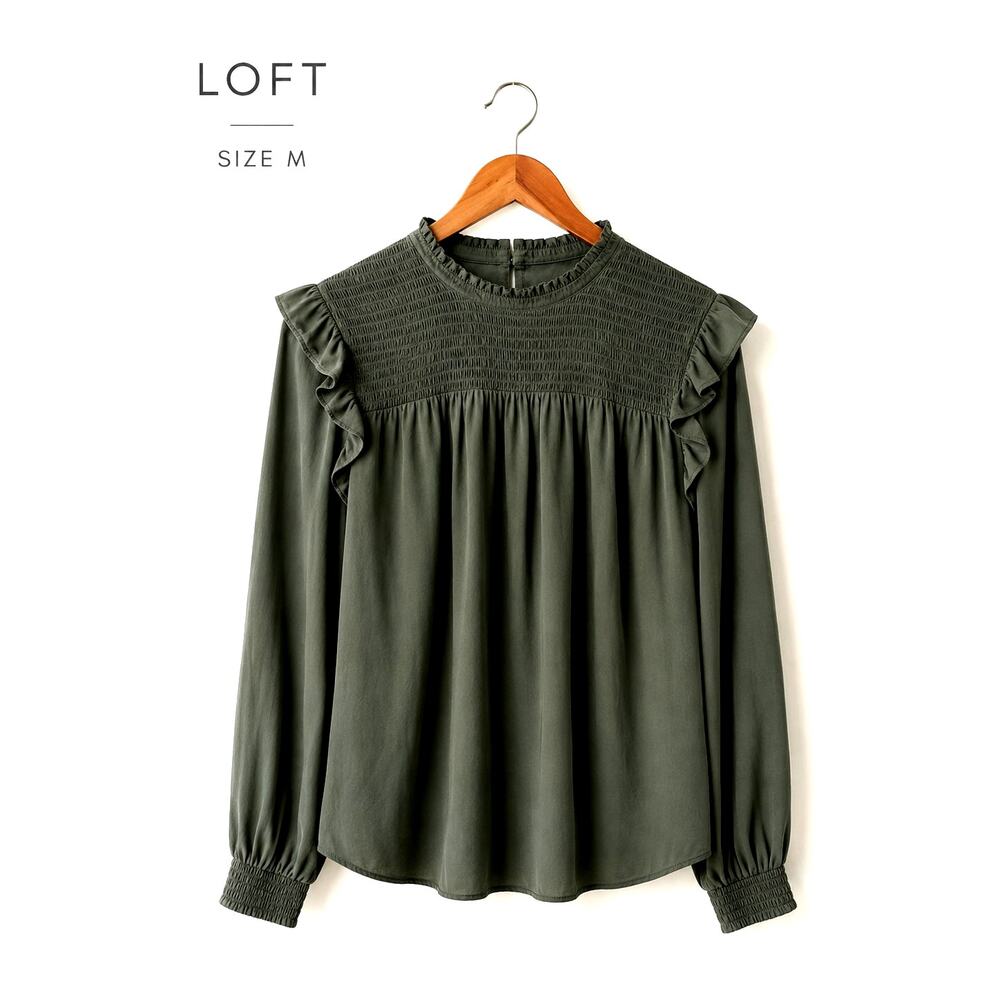 LOFT Flutter Sleeve Smocked Yoke Blouse Medium Green Long Sleeve Top